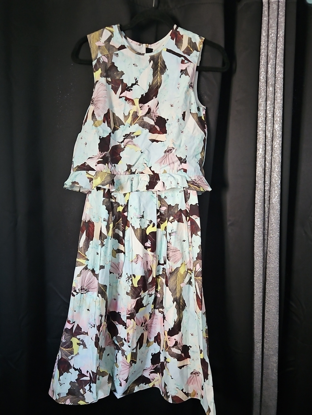 ERDEM Light Blue Floral Sleeveless Midi Dress with Ruffle Waist